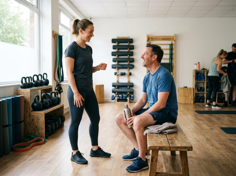 Coach and member in friendly check-in conversation after class