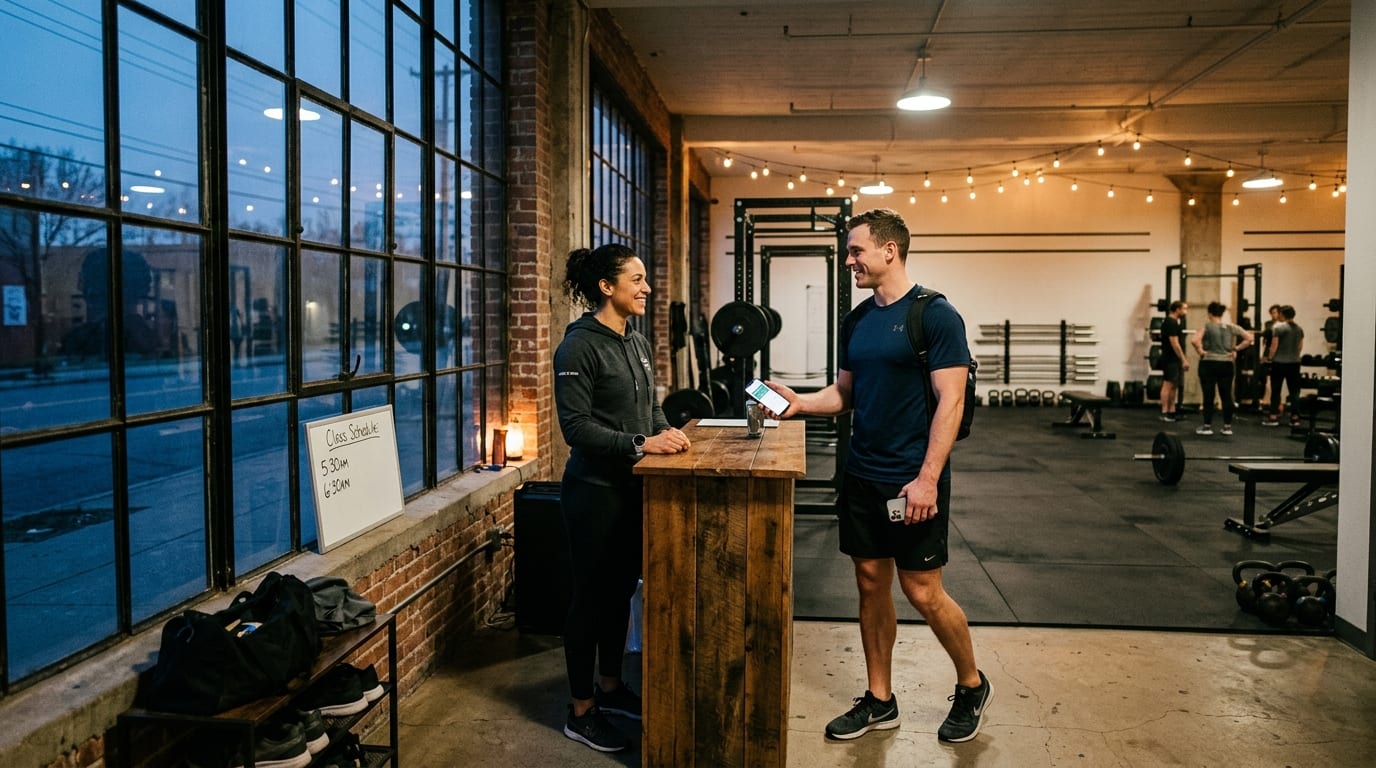 Coach greeting an arriving member at dawn in a modern fitness studio