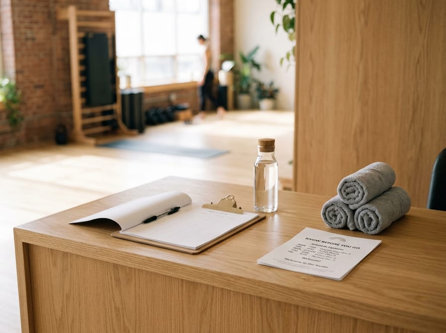 Studio front desk with check-in clipboard and Know Before You Go studio card