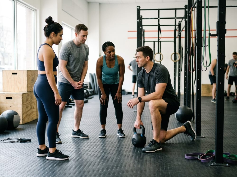 Coach providing kettlebell instruction to a small group of fitness members